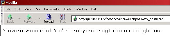 [Screenshot of browser pointing to http://ulisse:34472/connect?user=luca&pass=my_password]