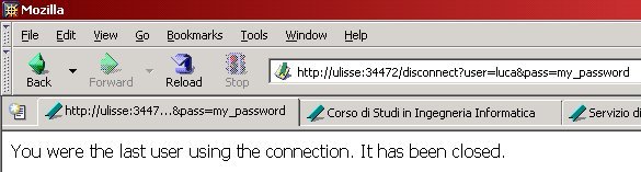 [Screenshot of browser pointing to http://ulisse:34472/disconnect?user=luca&pass=my_password]